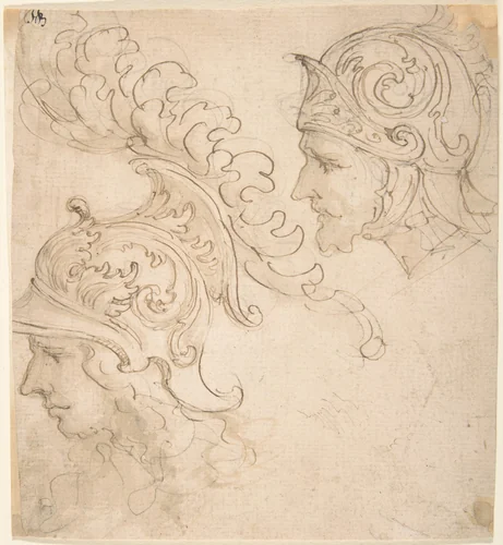 Two Studies for Helmet Designs Presented En Profil by Giovanni Battista Foggini, drawing, 1652-1725