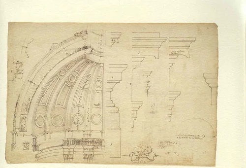 Half-Section of the Model of the Attic and Dome of Saint Peter's Basilica as Conceived by Michelangelo (recto); Detail Studies Relating to the Plan, Section, and Elevation of the Dome of Saint Peter's Basilica (verso). by Etienne DuPérac, drawing, 1551-1569