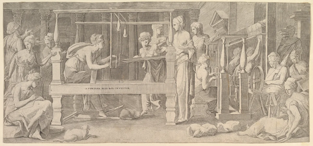 Women spinning, weaving and sewing by Master FG, print, 1520-1580