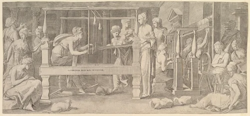 Women spinning, weaving and sewing by Master FG, print, 1520-1580