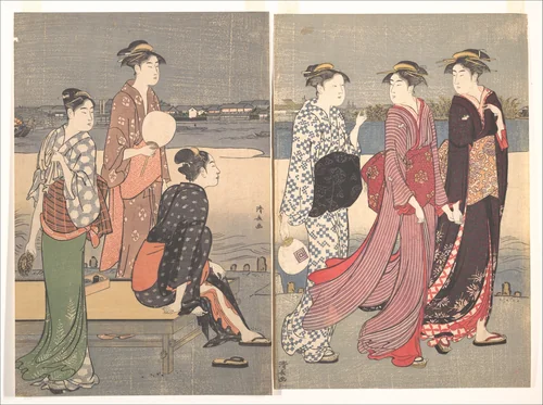 Enjoying the Evening Cool on the Banks of the Sumida River by Torii Kiyonaga (鳥居清長), print, 1774-1794