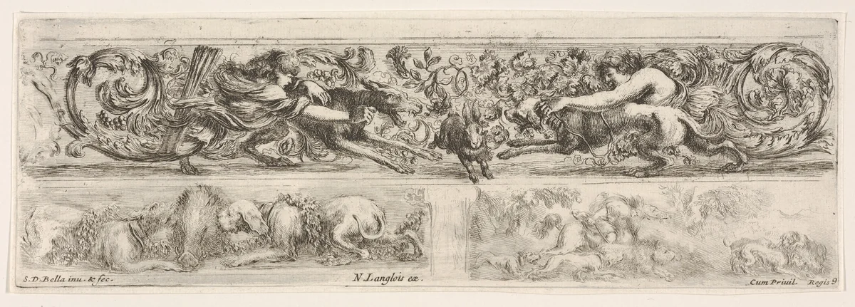 Designs for Three Friezes with Hunting Themes, plate 9 from "Decorative friezes and foliage" (Ornamenti di fregi e fogliami) by Stefano della Bella, print, 1645-1650