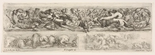 Designs for Three Friezes with Hunting Themes, plate 9 from "Decorative friezes and foliage" (Ornamenti di fregi e fogliami) by Stefano della Bella, print, 1645-1650