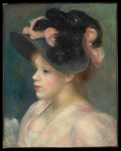 Young Girl in a Pink-and-Black Hat by Auguste Renoir, painting, 1886-1896