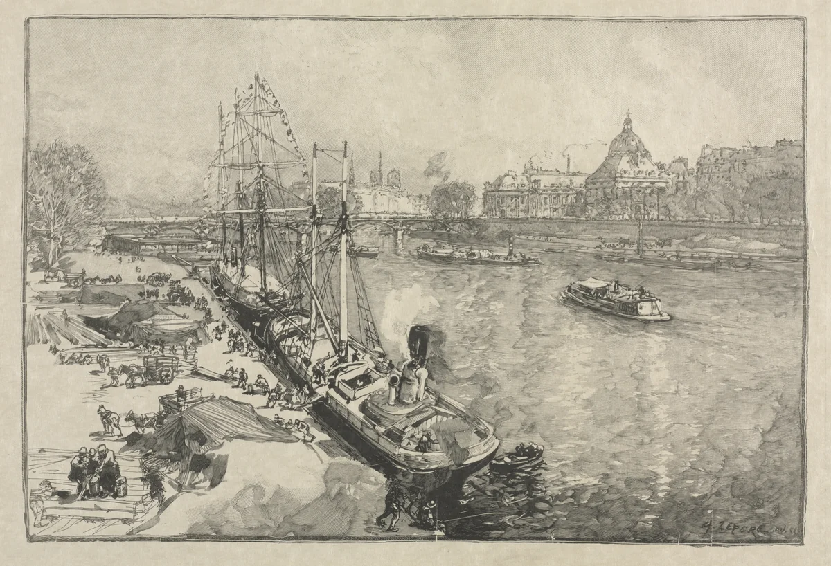 [Large Steamer Ship at Dock, Paris] by Auguste Louis Lepère, print, 1870-1918