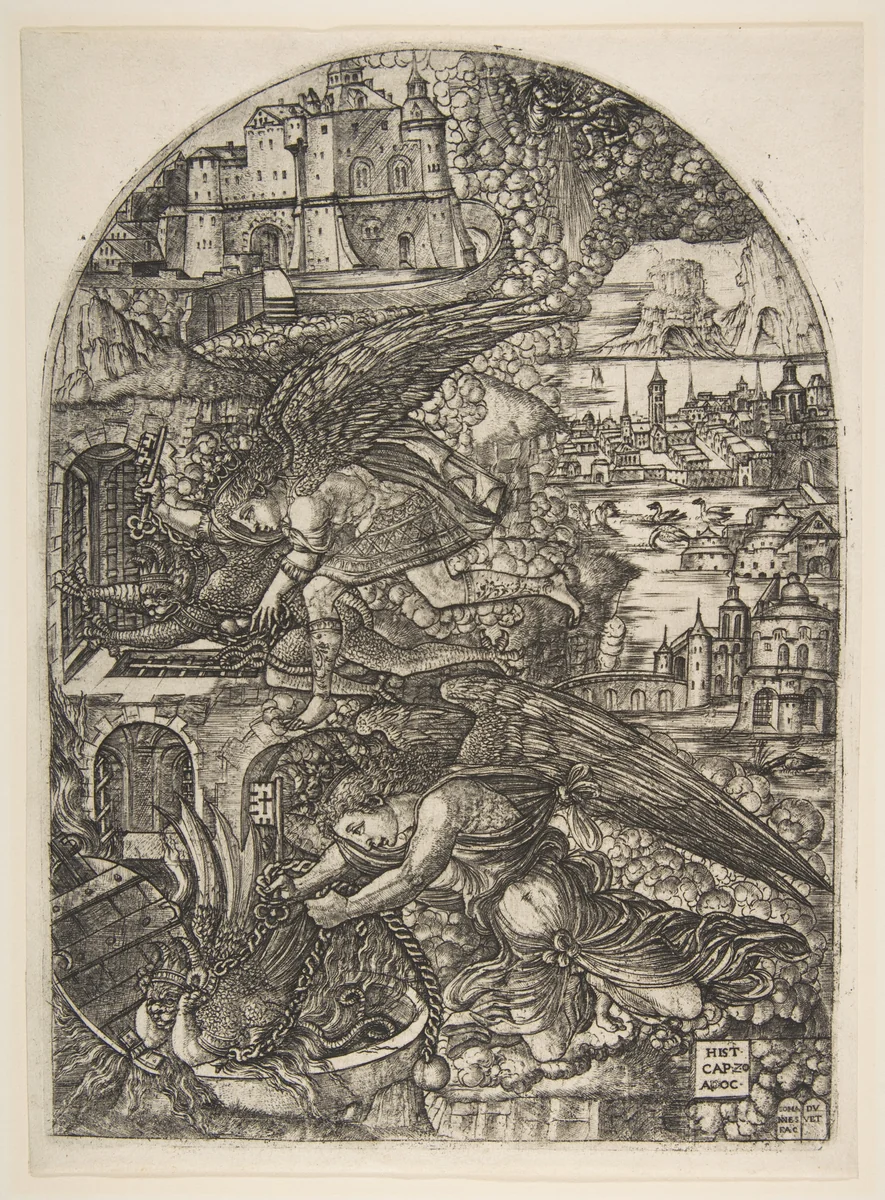 Satan bound for a Thousand Years, from the Apocalypse by Jean Duvet, print, 1480-1570