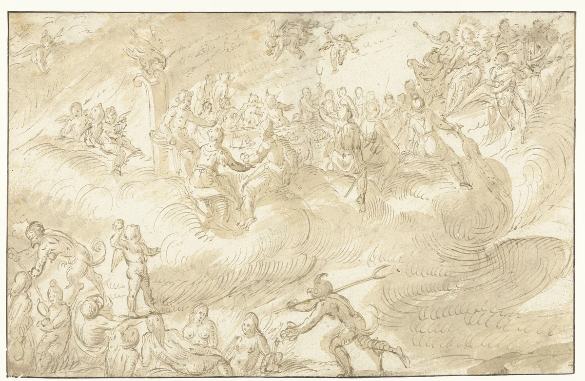 Godenmaaltijd by Jacob Isaacsz. van Swanenburg, drawing, 1581-1638