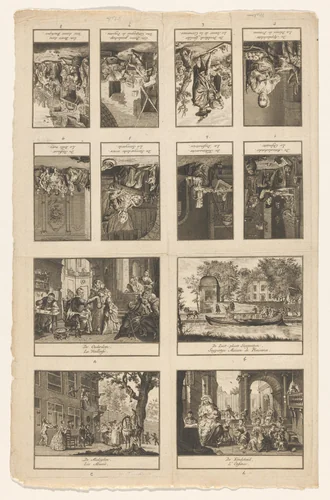 Onversneden blad met twaalf almanak prentjes by anonymous, print, 1650-1800