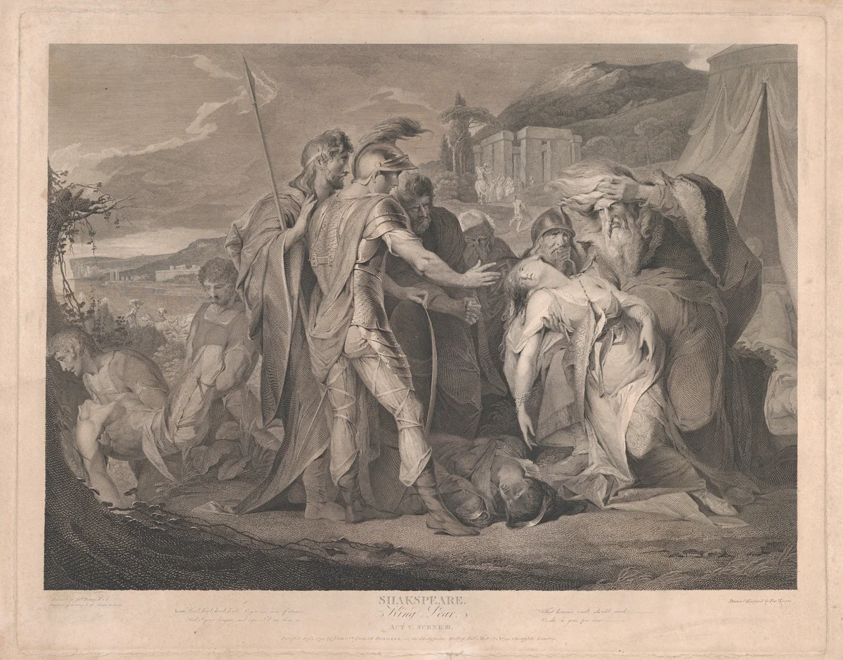 King Lear Weeping Over the Body of Cordelia (Shakespeare, King Lear, Act 5, Scene 3) by Francis Legat, print, 1792