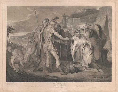 King Lear Weeping Over the Body of Cordelia (Shakespeare, King Lear, Act 5, Scene 3) by Francis Legat, print, 1792