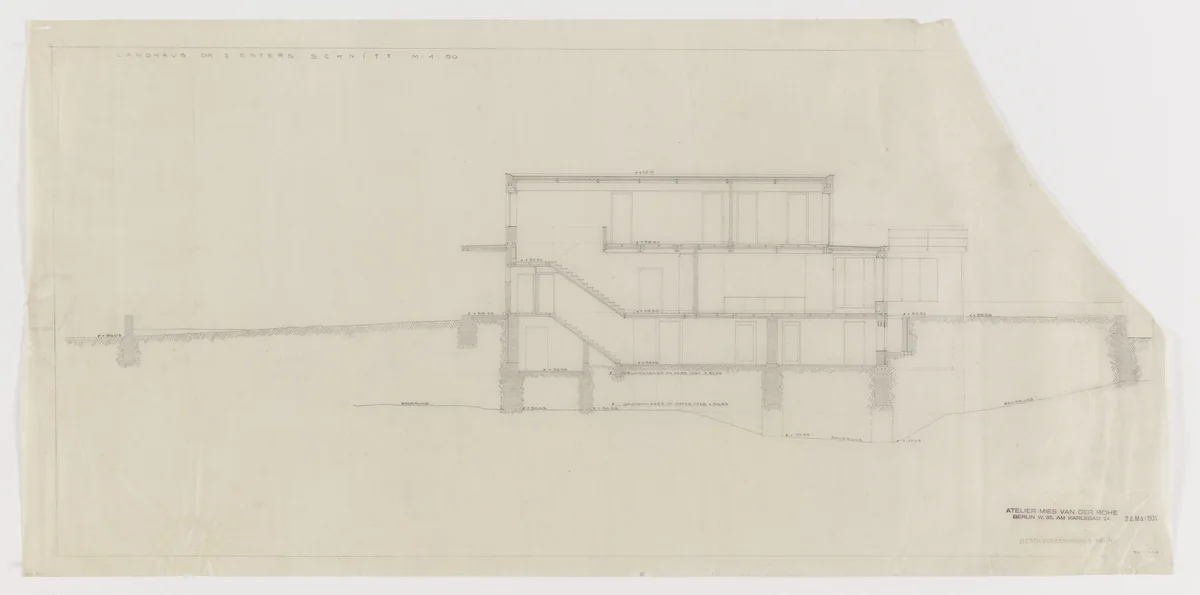 Josef Esters House, Krefeld, Germany, Section by Ludwig Mies van der Rohe, mies van der rohe archive, 1927