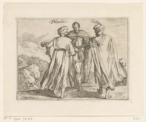 Vier Polen, een landschap in de achtergrond by Johann Wilhelm Baur, print, 1636