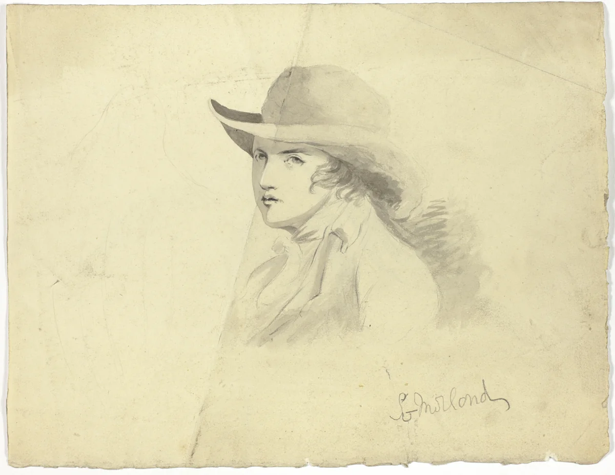 Bust of Youth Wearing Hat (recto); Angel Head (verso) by George Morland, drawing, 1800-1899