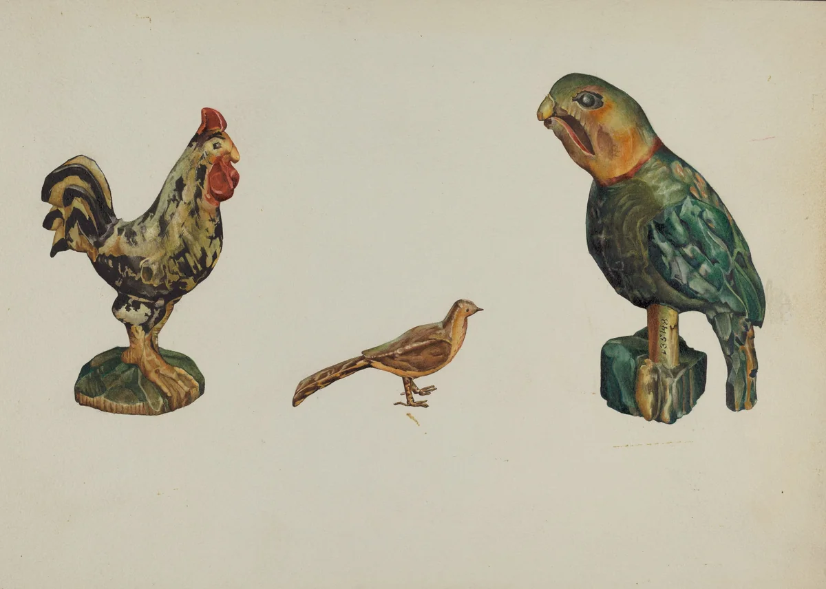 Wooden Rooster, Pheasant, and Parrot by Victor F. Muollo, index of american design, 1937