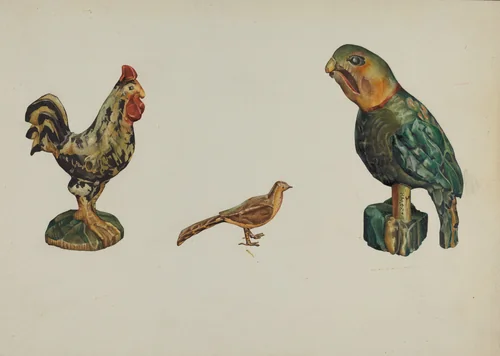 Wooden Rooster, Pheasant, and Parrot by Victor F. Muollo, index of american design, 1937