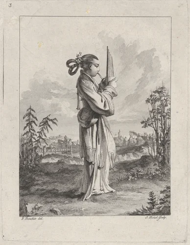 Chinoiserie with a woman playing the mouth organ, from Suite de Figures Chinoises. . .Tiré du Cabinet de Mr. d'Azaincourt (Series of Chinoiserie Figures. . .From the Chambers of Mr. d'Azaincourt), plate 3 by Jean-Pierre-Louis-Laurent Hoüel, print, 1755-1776