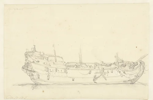 Romp van een Frans schip, van opzij by Willem van de Velde, drawing, 1643-1707