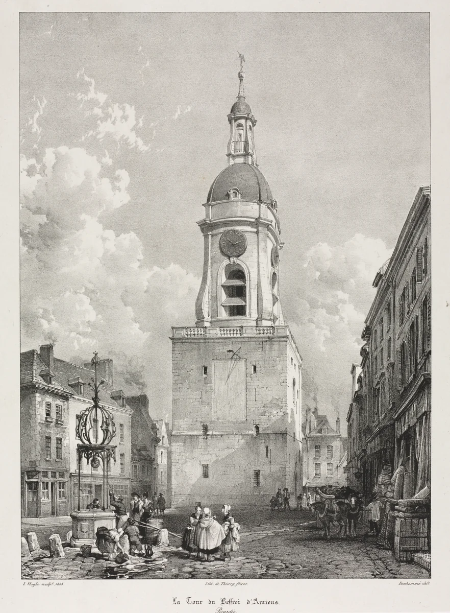 Picturesque and Romantic Travels in Old France, Picardie: The Belfry Tower of Amiens, Picardie (Voyages pittoresques et romantiques dans l'ancienne France, Picardie : La Tour du Beffroi d' Amiens, Picardie), after François Bonhommé (French, 1809-1881) by Louis Haghe, print, 1835