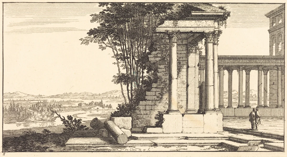 Landscape with Classical Ruins by Sébastien Le Clerc, print, 1673