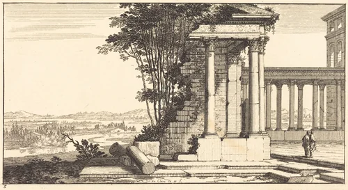 Landscape with Classical Ruins by Sébastien Le Clerc, print, 1673