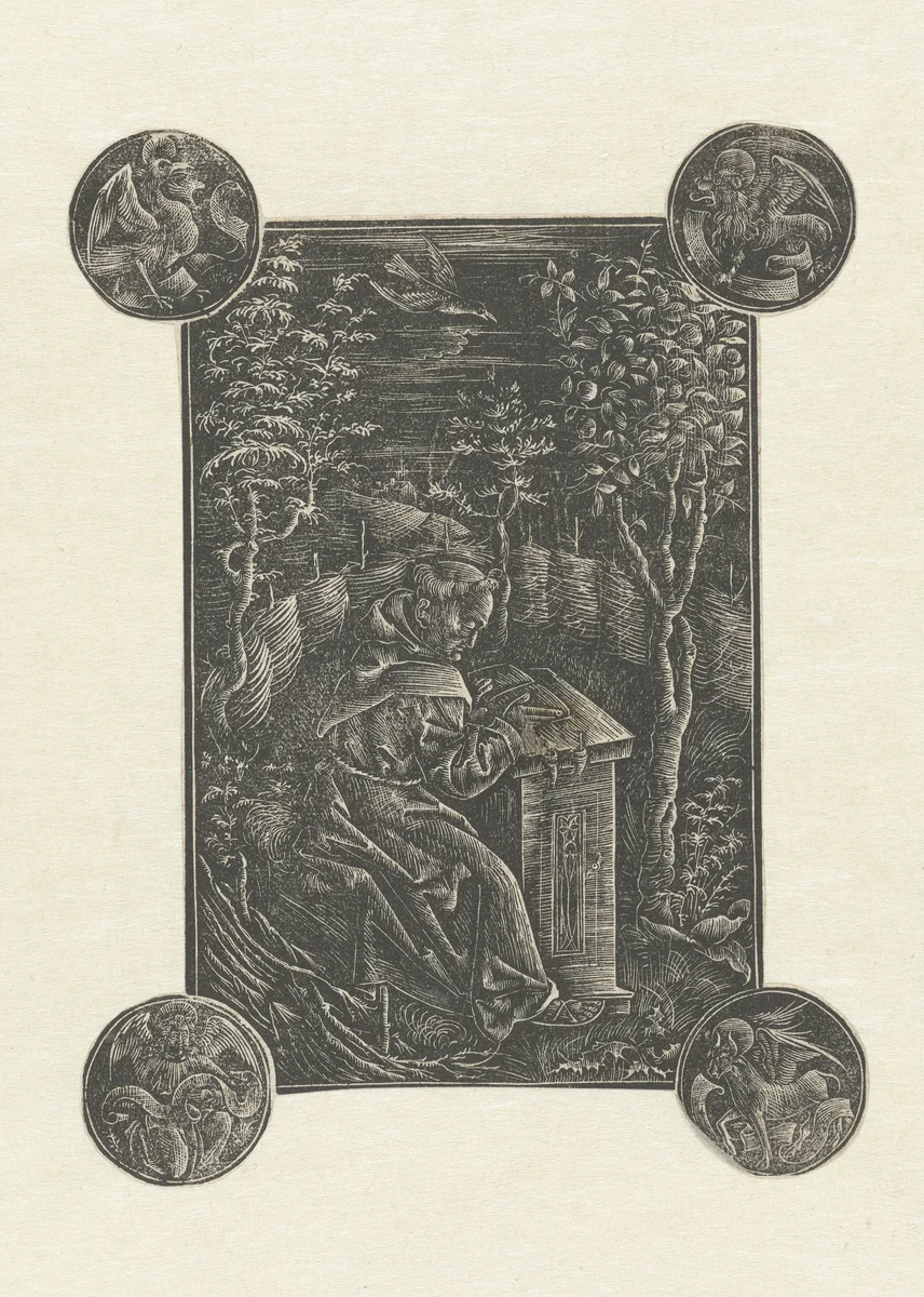 De Franciscaner monnik Ossváld Pelbárt (Pelbartus) in een tuin en de vier evangelistensymbolen by anonymous, print, 1497-1507