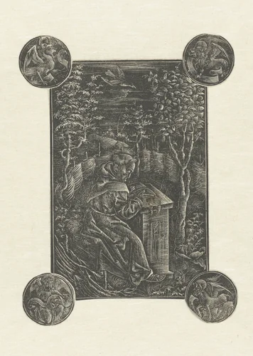 De Franciscaner monnik Ossváld Pelbárt (Pelbartus) in een tuin en de vier evangelistensymbolen by anonymous, print, 1497-1507