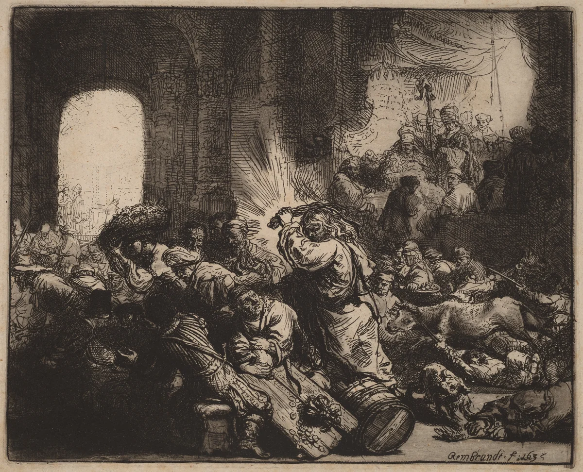 Christ Driving the Money Changers from the Temple by Rembrandt van Rijn, print, 1635