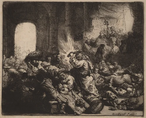 Christ Driving the Money Changers from the Temple by Rembrandt van Rijn, print, 1635