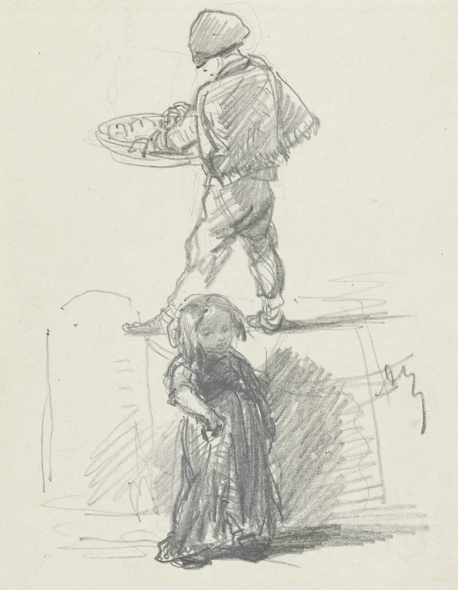 Studiebeeldjes van een jongen met een mand en een meisje by Adolphe Mouilleron, drawing, 1830-1881