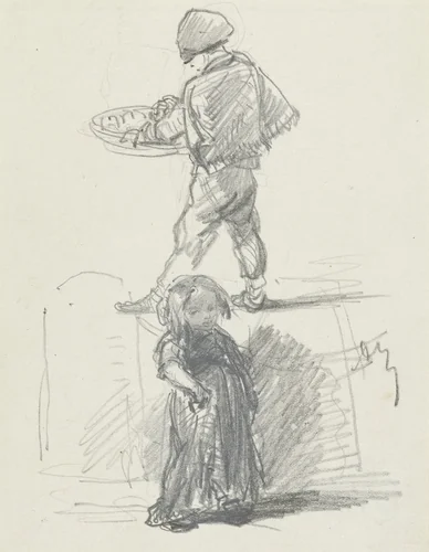 Studiebeeldjes van een jongen met een mand en een meisje by Adolphe Mouilleron, drawing, 1830-1881