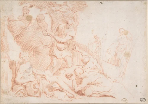 Figures and a River God by anonymous, drawing, 1600-1700