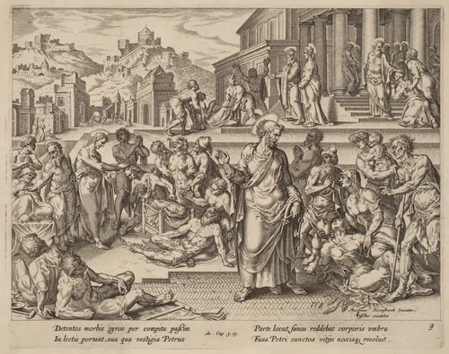 Saint Peter Healing the Sick with His Shadow by Philip Galle, print, 1537-1612