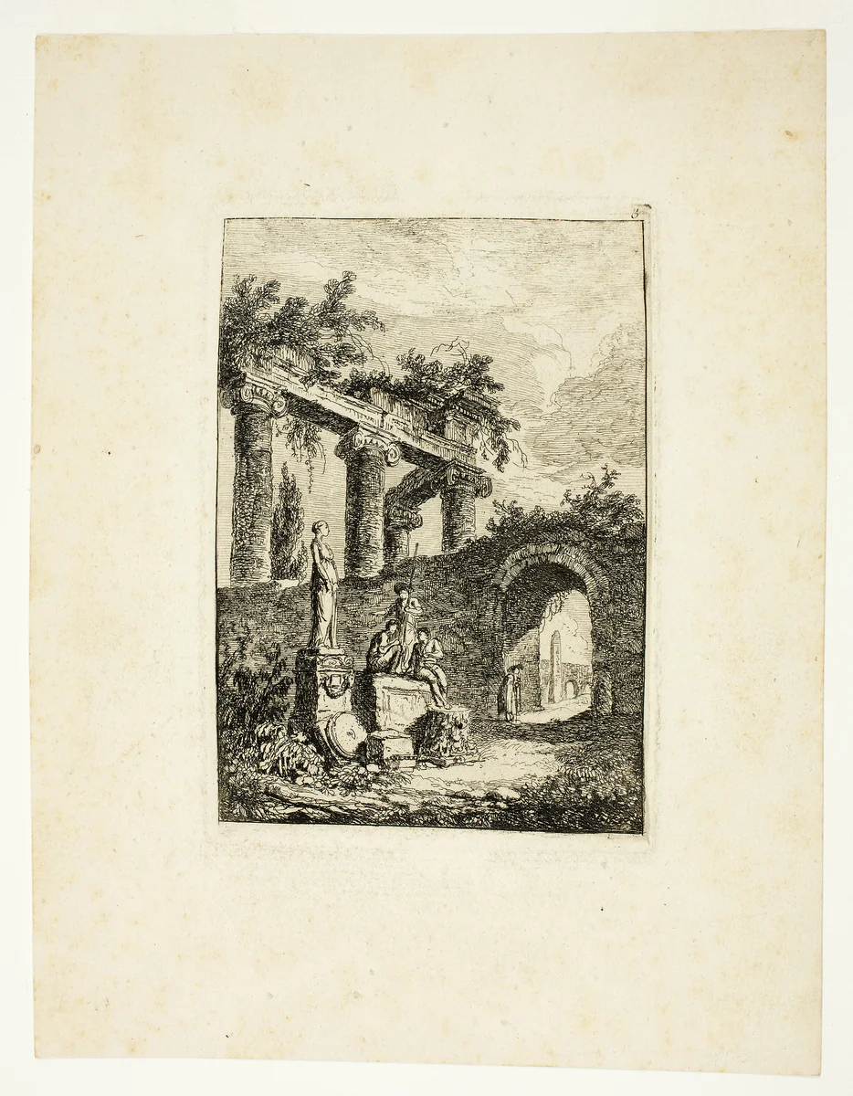 The Statue before the Ruins, plate three from Les Soirées de Rome by Hubert Robert, print, 1763-1764