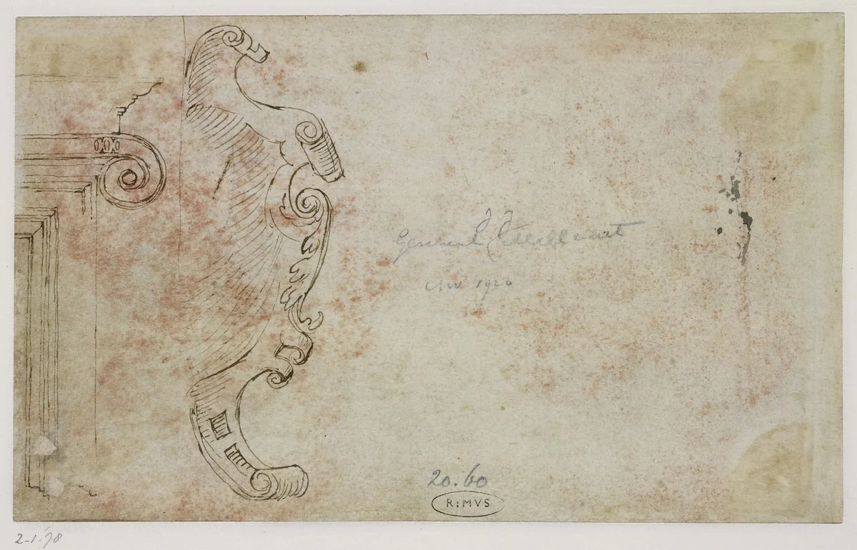 Gedeelte van lijst en halve cartouche by Maarten van Heemskerck, drawing, 1532-1536