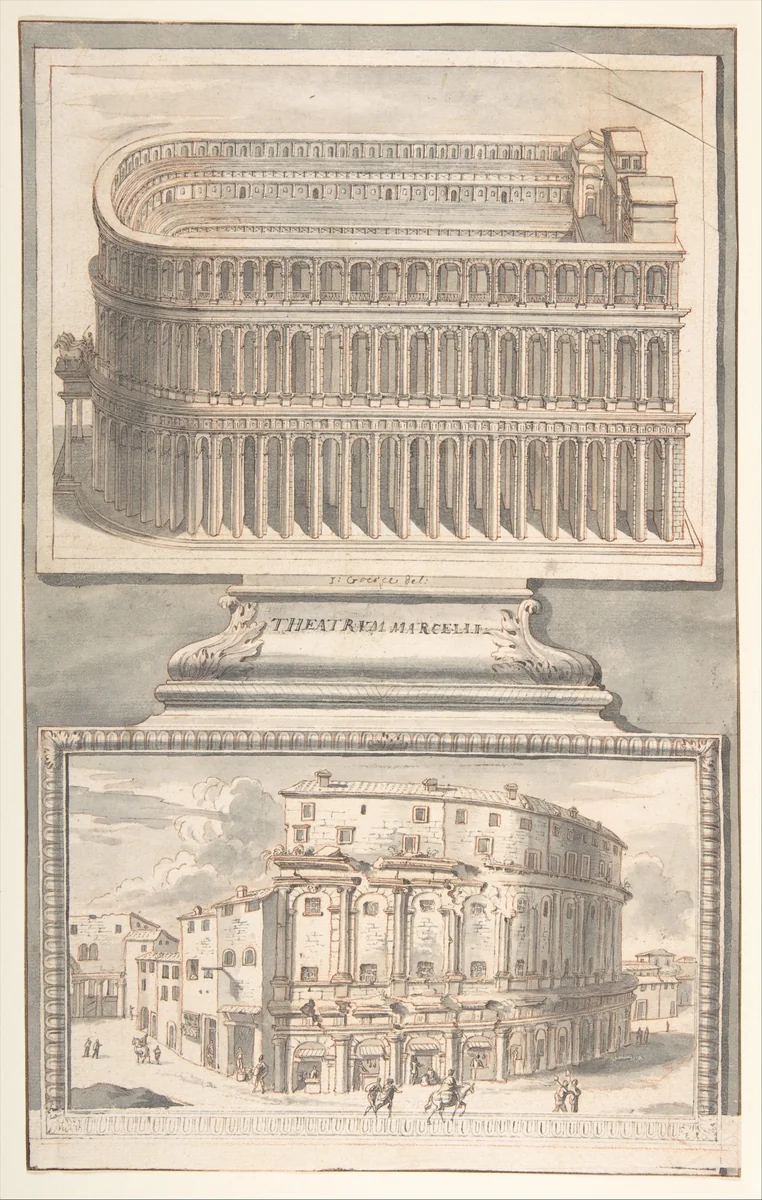 Reconstruction of the Theatre of Marcellus (above) and a View of the Ruins (below) by Jan Goeree, drawing, 1690-1704