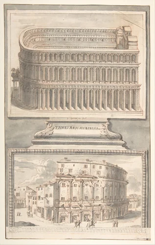 Reconstruction of the Theatre of Marcellus (above) and a View of the Ruins (below) by Jan Goeree, drawing, 1690-1704
