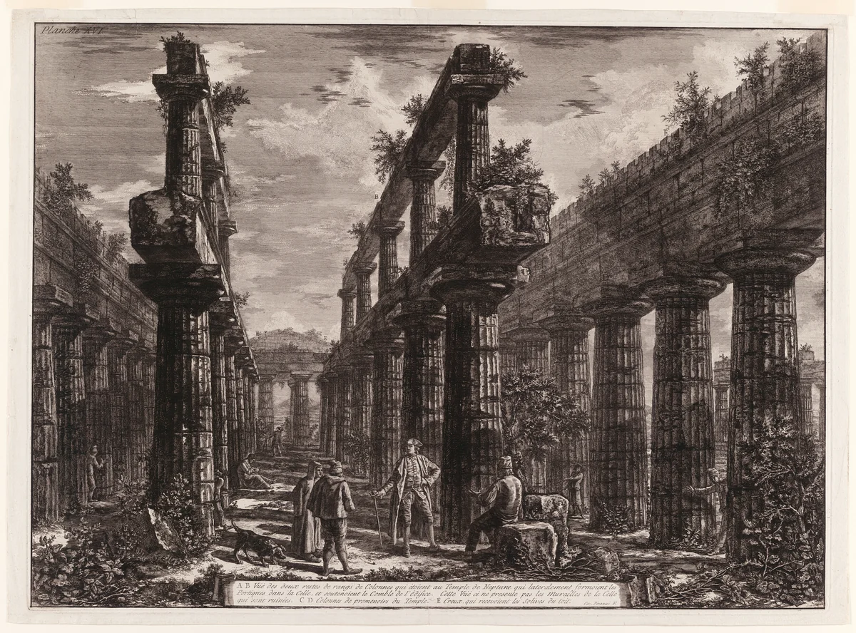 A., B. View of the remains of the two rows of columns in the Temple of Neptune which originally formed the colonnades along the sides of the cella, and supported the uppermost part of the roof, from Different views of Paestum by Giovanni Battista Piranesi, print, 1778