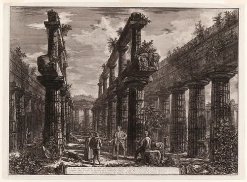 A., B. View of the remains of the two rows of columns in the Temple of Neptune which originally formed the colonnades along the sides of the cella, and supported the uppermost part of the roof, from Different views of Paestum by Giovanni Battista Piranesi, print, 1778