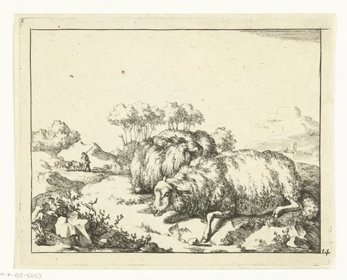 Twee schapen, liggend, met herder op achtergrond by Marcus de Bye, print, 1664