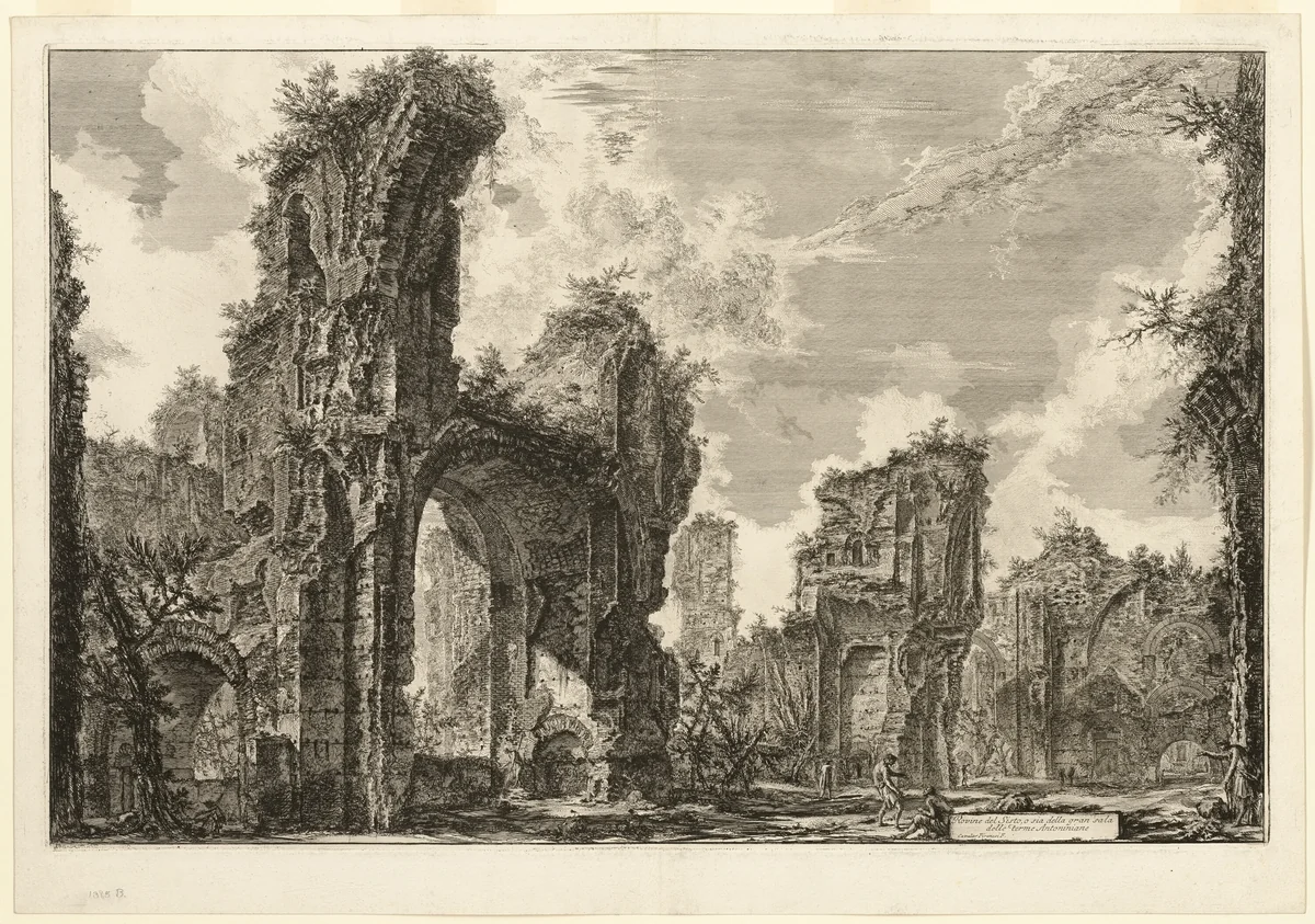 Ruins of the Xystus [a long open portico used for athletic exercises], the central hall of the Antonine Baths [The Baths of Caracalla], from Views of Rome by Giovanni Battista Piranesi, print, 1765