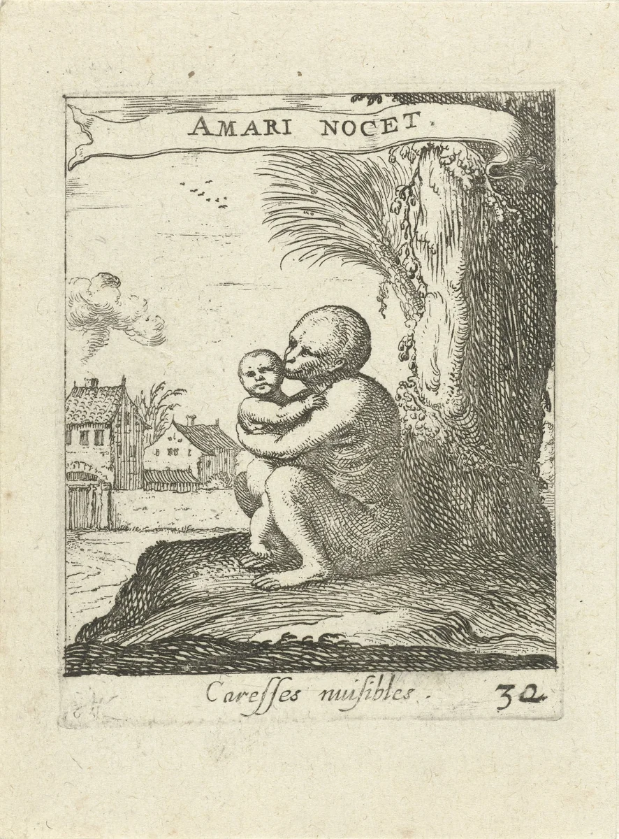 Aap en kind by Albert Flamen, print, 1672