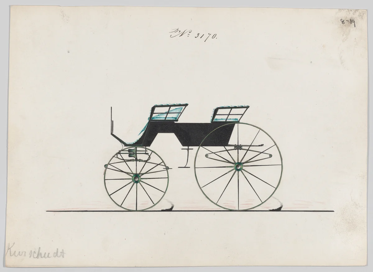 Design for 4 seat Phaeton, no top, no. 3170 by Brewster & Co., drawing, 1875