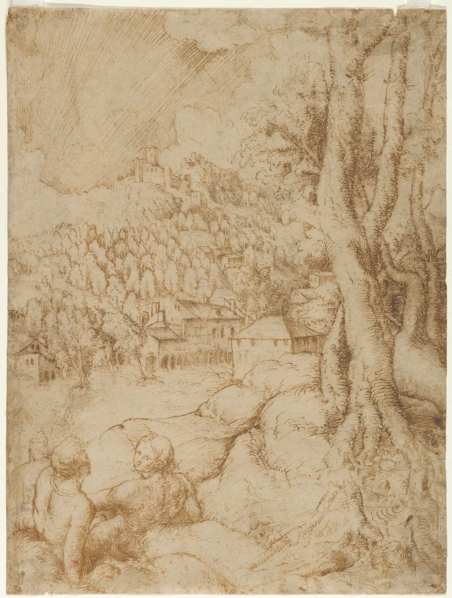Two Seated Figures in a Landscape with Mountains and a Town (recto); Sketch of a Landscape with Mountains and Buildings (verso) by anonymous, drawing, 1505-1520