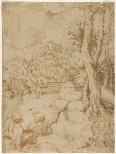 Two Seated Figures in a Landscape with Mountains and a Town (recto); Sketch of a Landscape with Mountains and Buildings (verso) by anonymous, drawing, 1505-1520