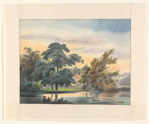 Landschap met bomen aan een waterkant by Johannes van Reijn, drawing, 1800-1900