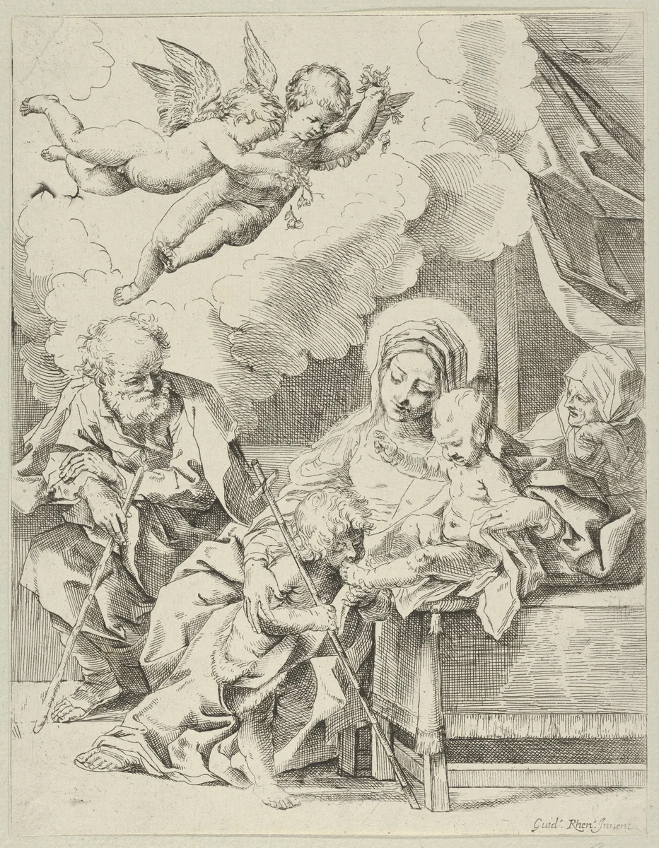 The Holy Family with young John the Baptist and Saint Elizabeth, two angels above, after Reni by anonymous, print, 1585-1615