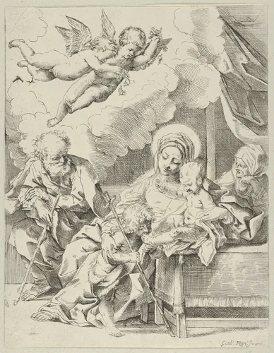 The Holy Family with young John the Baptist and Saint Elizabeth, two angels above, after Reni by anonymous, print, 1585-1615