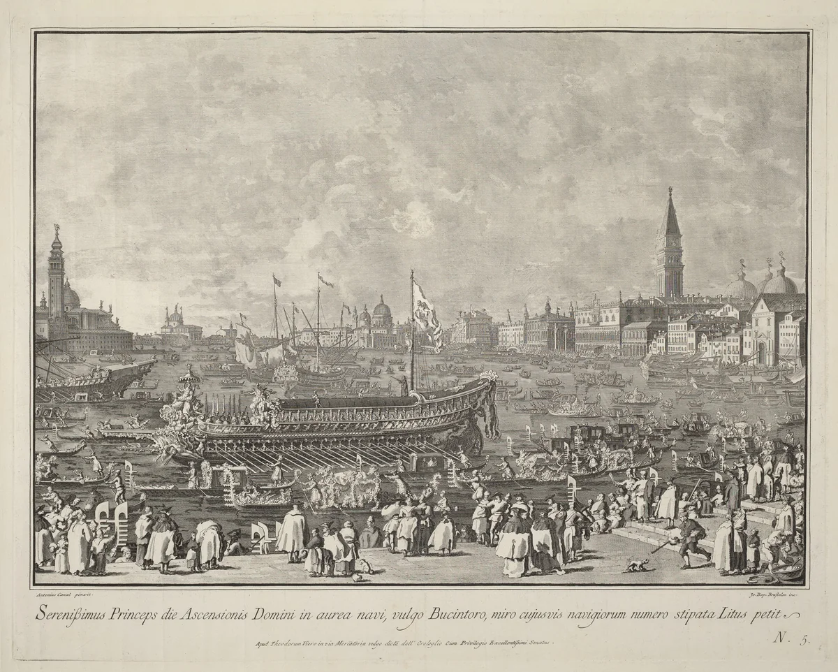 The Doge in the Bucintoro Departing for the Porto di Lido on Ascension Day by Giovanni Battista Brustolon, print, 1763-1766