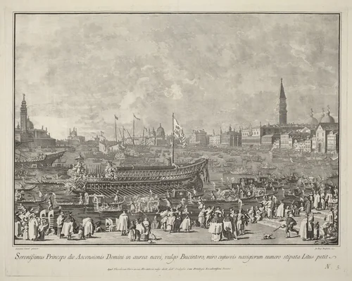 The Doge in the Bucintoro Departing for the Porto di Lido on Ascension Day by Giovanni Battista Brustolon, print, 1763-1766
