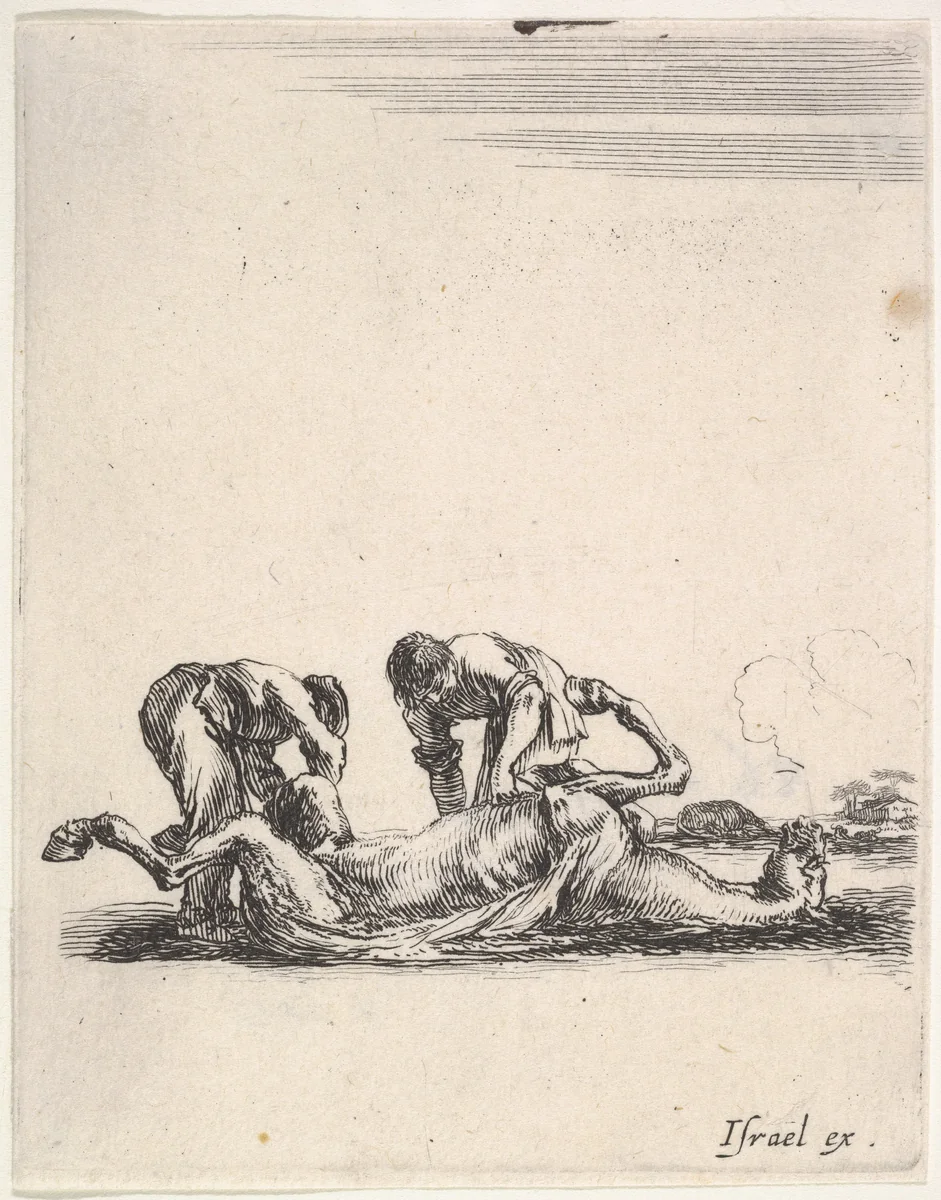 Two men skinning a horse that is lying on the ground with its hooves in the air, from "Various cavalry exercises" (Diverses exercices de cavalerie) by Stefano della Bella, print, 1642-1645